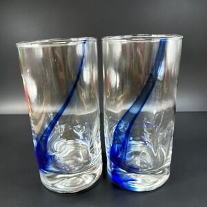 Libbey Cobalt Blue Swirl Highball Glasses Set of 2 Dimpled Art Glass Tumblers